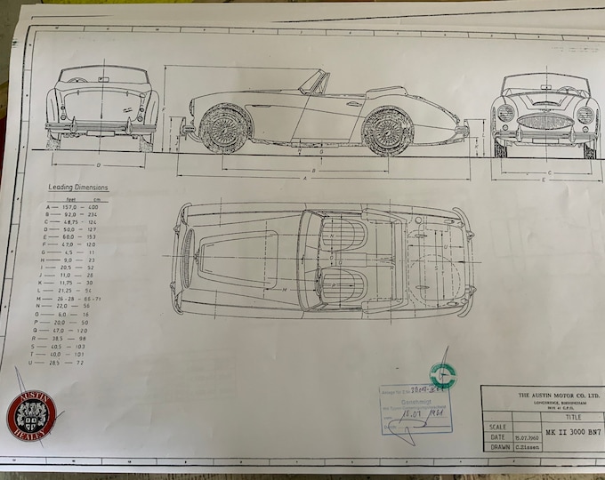 Austin Healey BN7 3000 1961 construction drawing ART work blueprint