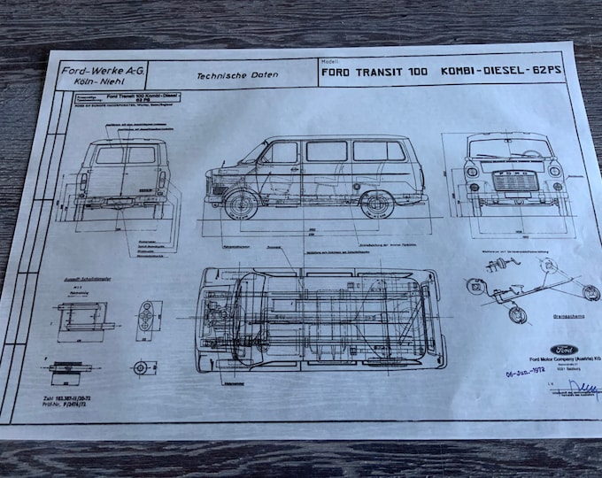 Ford Transit 100 Kombi 1972 construction drawing ART work blueprint