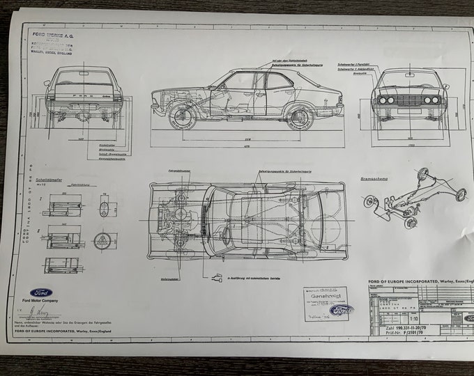 Ford Cortina 1600 GT 86PS 1970 construction drawing ART work blueprint