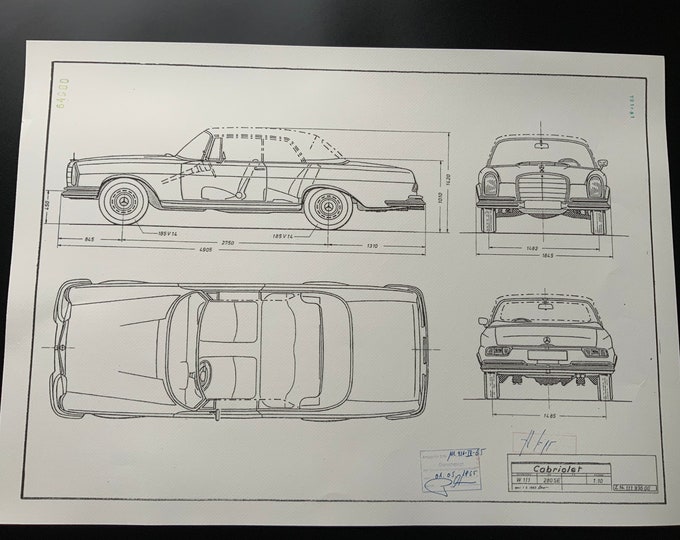 Mercedes W111 Cabriolet Convertible 280SE 1965 Blueprint construction drawing ART work