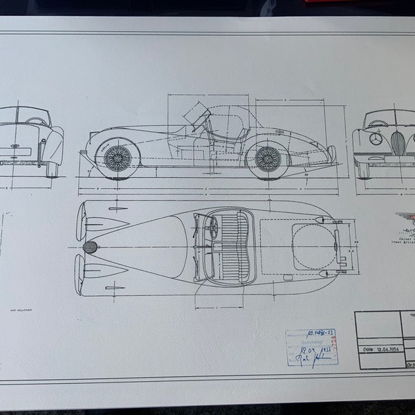 Disegno costruttivo della Jaguar XK 140 Cabrio Progetto di lavoro ARTE