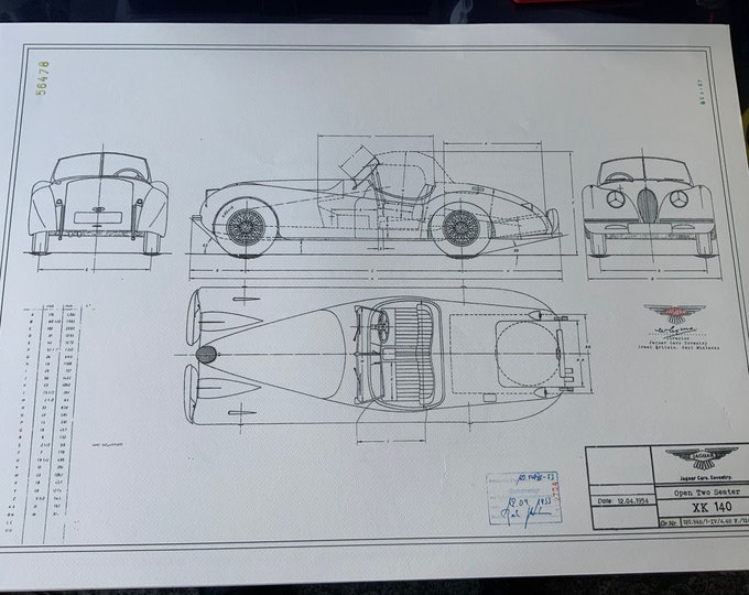 Jaguar XK 140 Cabrio construction drawing ART work blueprint