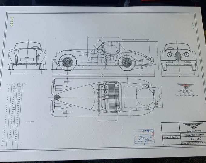 Jaguar XK 140 Cabrio construction drawing ART work Blueprint