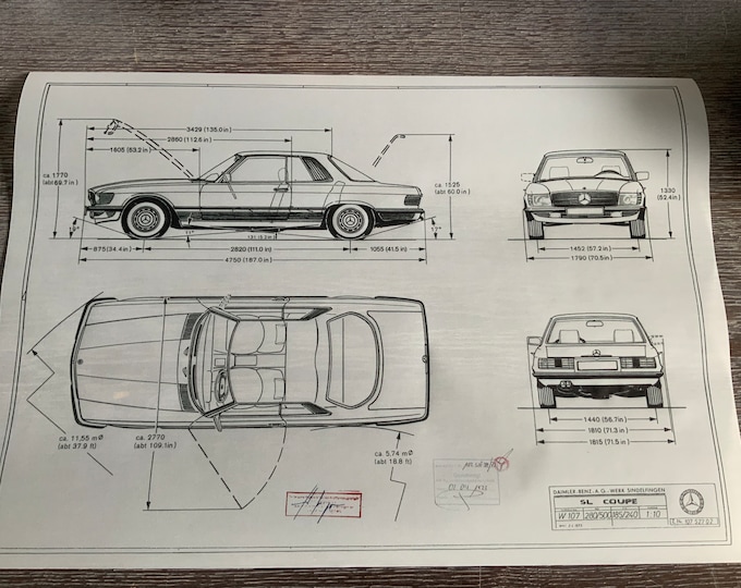 Mercedes W107/C107 garage mass Coupe SLC 1973 construction drawing ART work