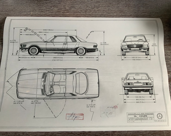 Mercedes W107/C107 Garage Dimensions Coupe SLC 1973 Construction Drawing ART work