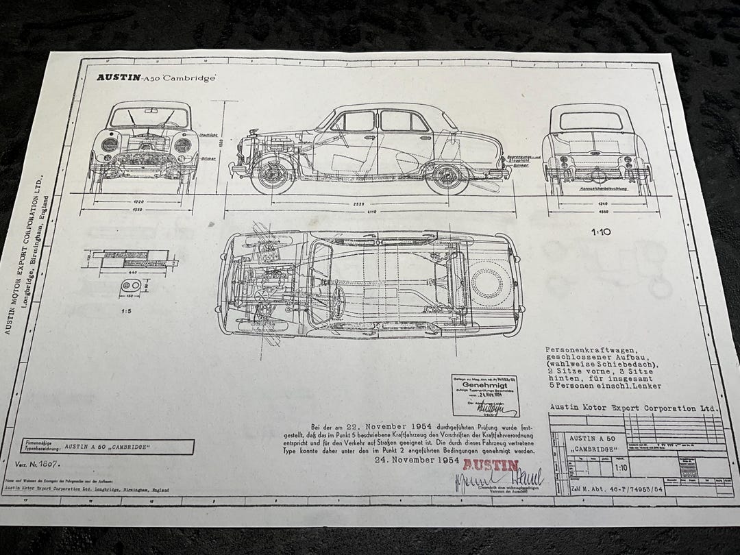 Austin A50 Cambridge 1954 Construction Drawing ART Work Blueprint