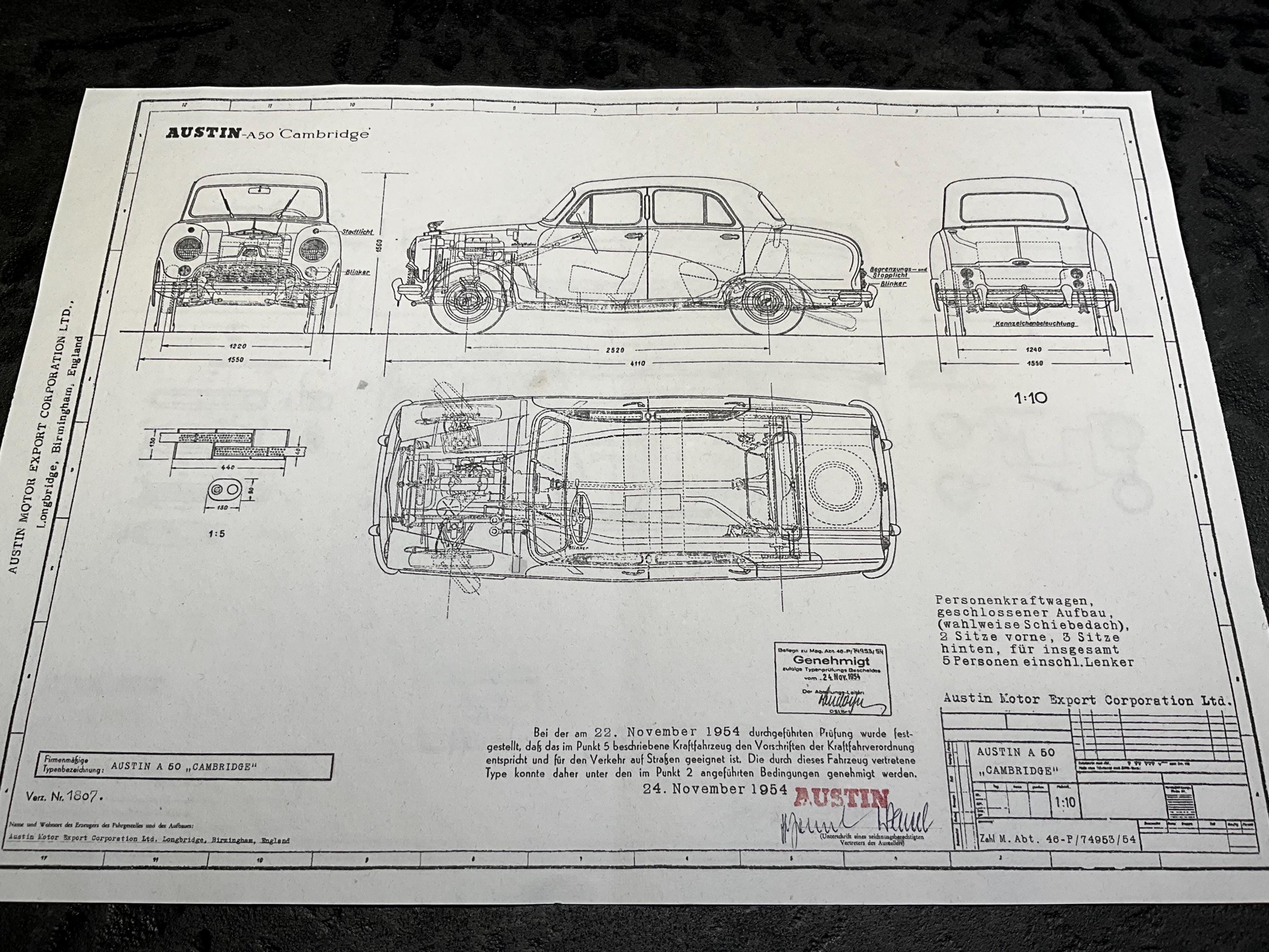 Austin A50 Cambridge 1954 Construction Drawing ART Work Blueprint