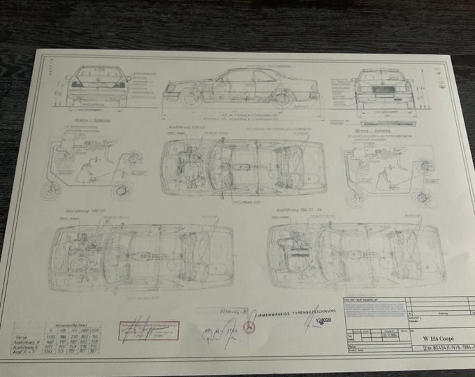 Mercedes W124 Coupè 1984 Blueprint construction drawing ART work