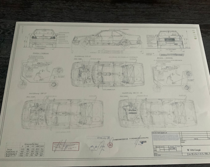 Mercedes W124 Coupé 1984 Blueprint Construction Drawing ART work