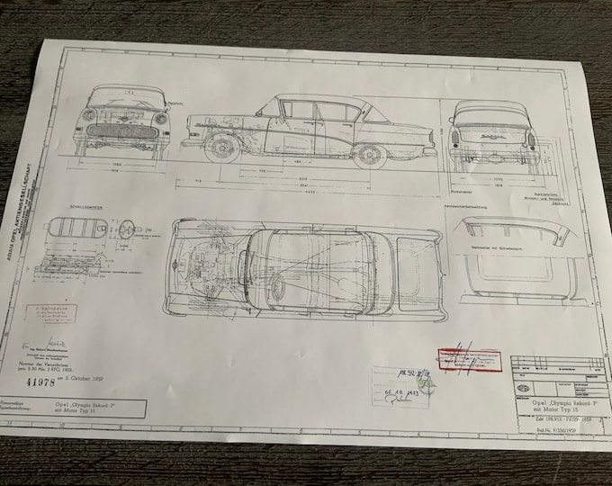 Olympia Rekord P 1.5 Opel 1959 construction drawing ART work blueprint