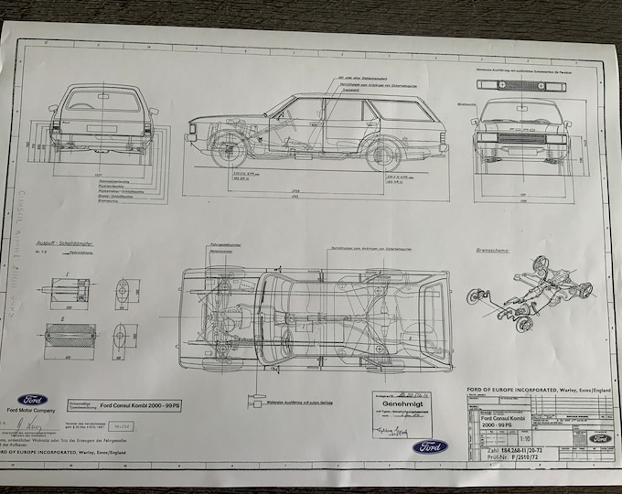 Ford Consul station wagon 2000 99PS 1972 construction drawing ART work blueprint