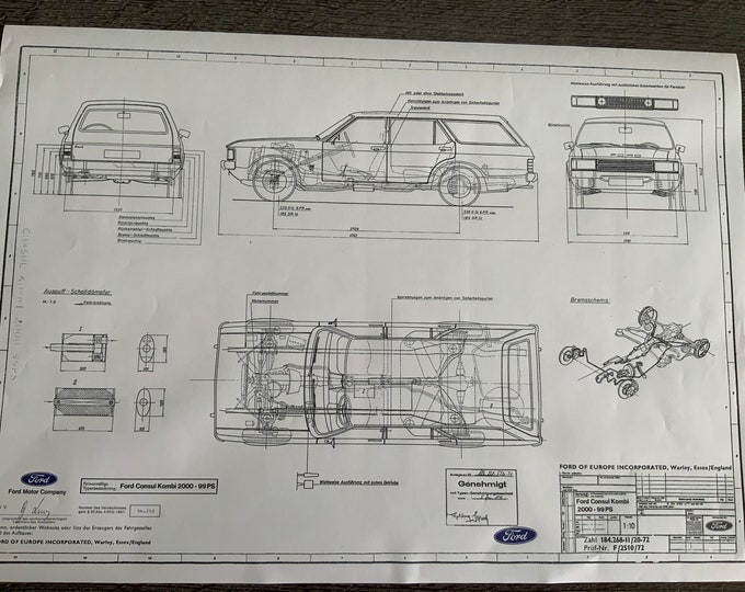 Ford Consul Kombi 2000 99PS 1972 construction drawing ART work blueprint