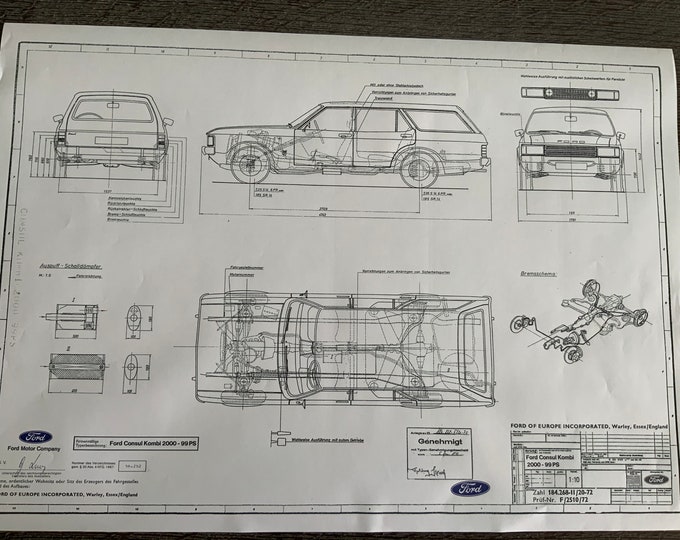 Ford Consul station wagon 2000 99PS 1972 construction drawing ART work blueprint