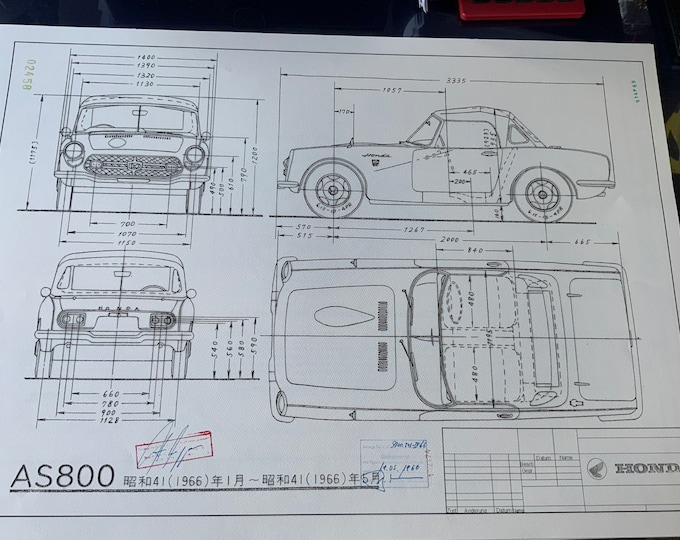 Honda AS 800 Cabrio 1966 construction drawing ART work Blueprint