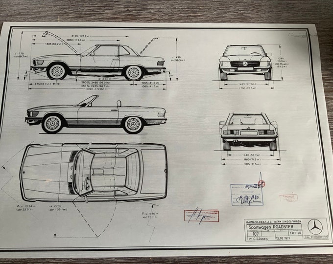 Mercedes W107/R107 Roadster 1971 SL construction drawing ART work