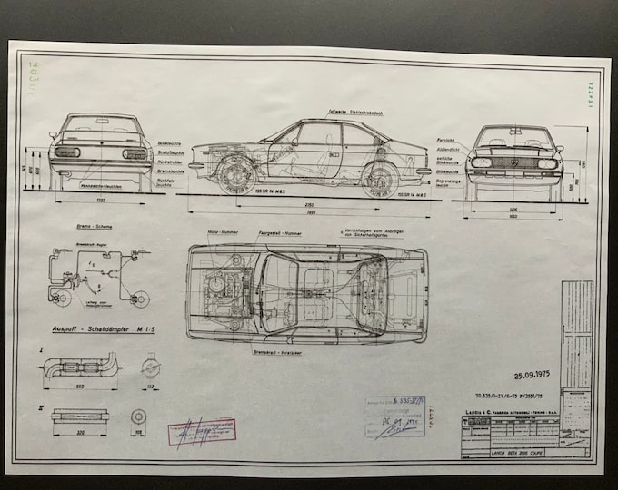 Construction drawing ART work Lancia Beta 2000 Coupe 1975