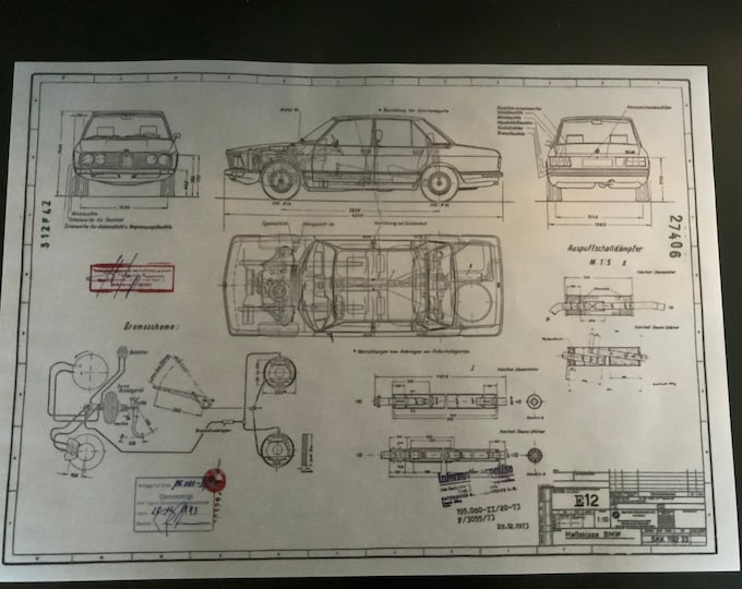 BMW E12 5 Series 1973 construction drawing ART work Blueprint
