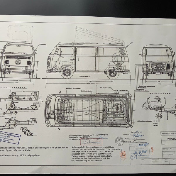 Westfalia T2 Bus 1975 Konstruktionszeichnung ART work Blueprint