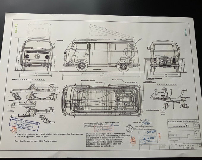 Westfalia T2 Bus 1975 construction drawing ART work Blueprint