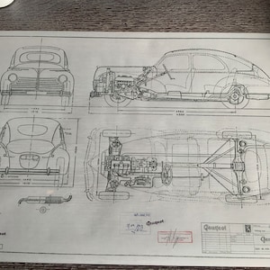 Peugeot 203 Limousine 1949 construction drawing ART work blueprint