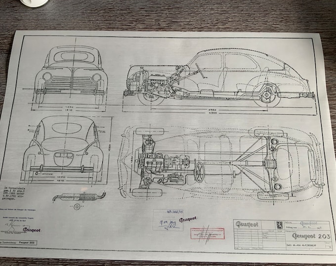 Peugeot 203 Limousine 1949 construction drawing ART work blueprint
