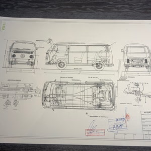 May include: A black and white technical drawing of a Volkswagen bus, showing the vehicle from different angles, including front, side, and bottom views. The drawing includes detailed measurements and annotations in German.