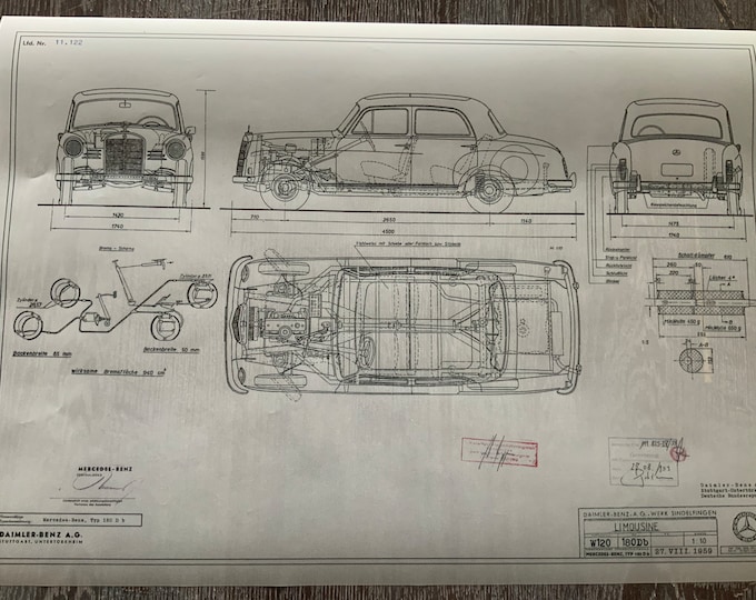 Mercedes W120 180Db 1959 construction drawing ART work blueprint