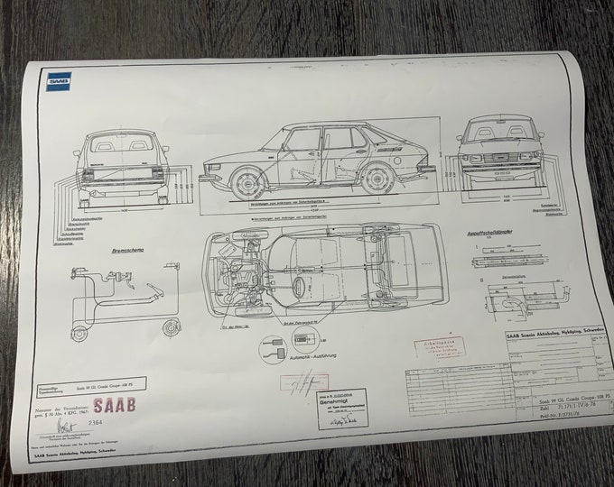 Saab 99 GL Combi Coupe 108PS 1976 construction drawing ART work Blueprint
