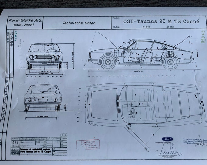 Ford OSI Taunus 20 M TS Coupe 1966 construction drawing ART work blueprint