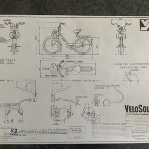 May include: A black and white technical drawing of a Velosolex 4600 moped. The drawing shows the moped's dimensions, engine, and transmission system. The drawing also includes a diagram of the moped's exhaust system.