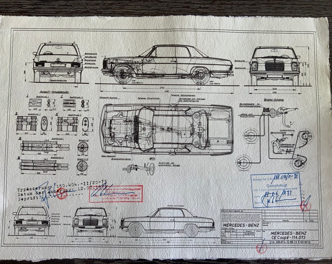 Mercedes W114 painted 8 Coupe 1972 construction drawing ART work