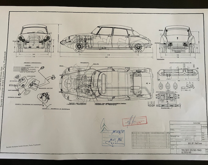 Citroen DS 21 Pallas 1966 construction drawing ART work blueprint