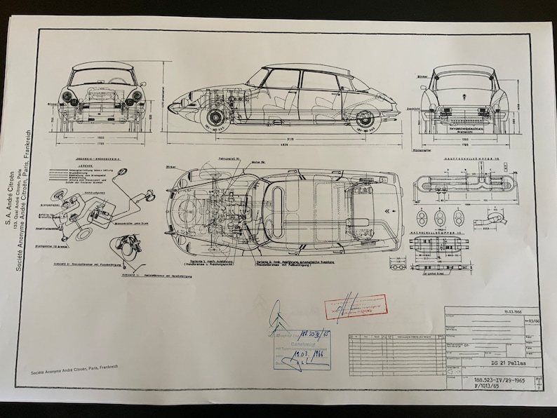 Citroen DS 21 Pallas 1966 construction drawing ART work blueprint image 1