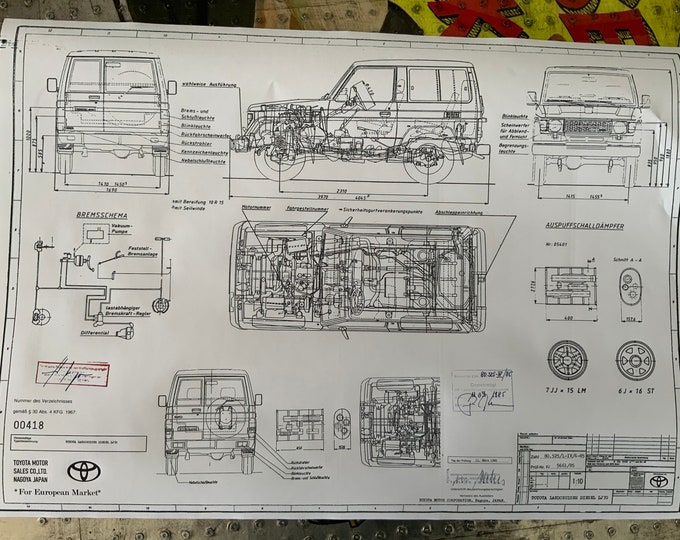 Land Cruiser LJ 70 from 1985 Toyota construction drawing ART work blueprint
