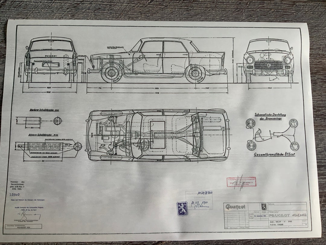 Peugeot 404 Limousine 1960 Construction Drawing ART Work Blueprint