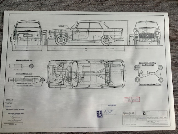 Peugeot 404 Limousine 1960 Construction Drawing ART Work Blueprint