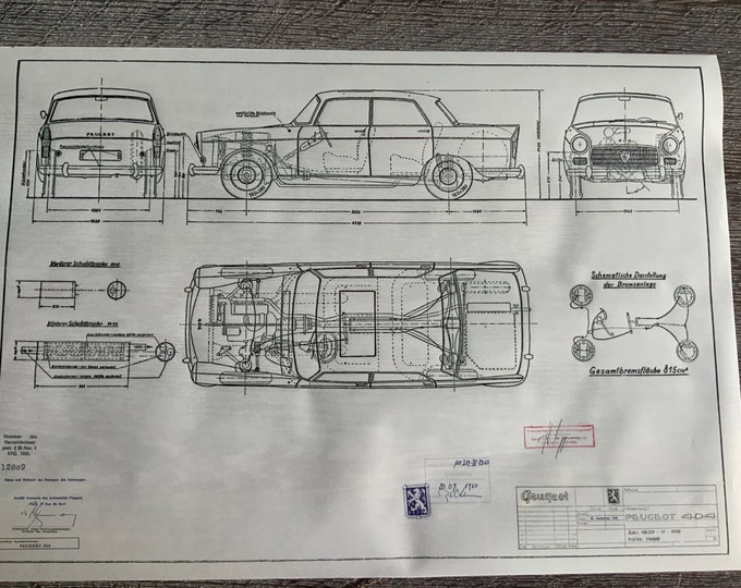 Peugeot 404 Limousine 1960 construction drawing ART work blueprint