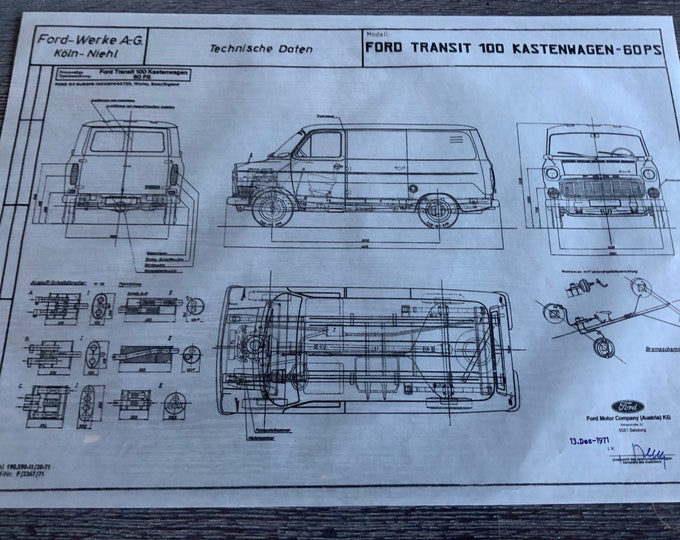 Ford nTransit 100 Box 1971 Construction drawing ART work Blueprint