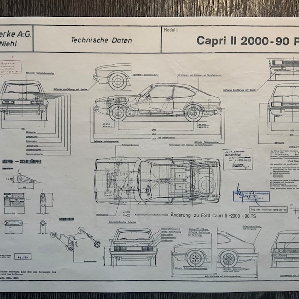 Ford Capri II 2000 1978 Facelift ( Capri III ) Konstruktionszeichnung ARTwork