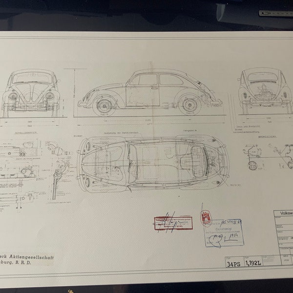 Käfer 1200 Typ 11 Luxus 1964 Konstruktionszeichnung ART work Blueprint 185454