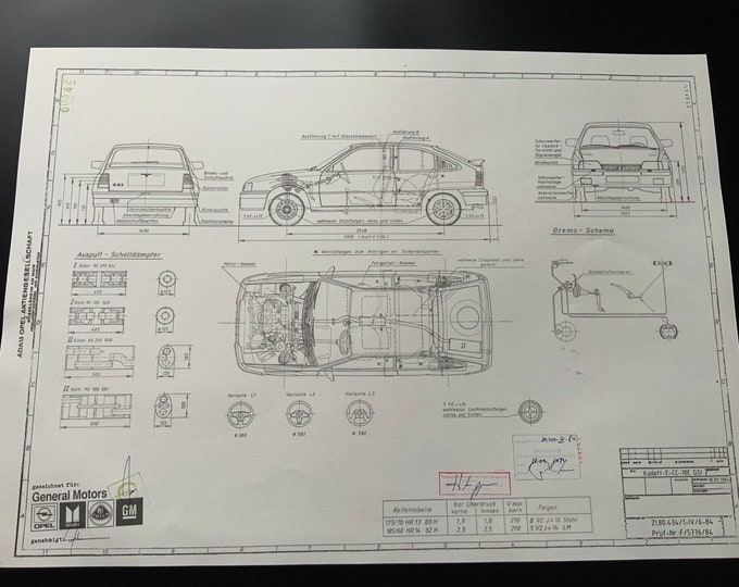 Opel Kadett GSI 1984 construction drawing ART work Blueprint