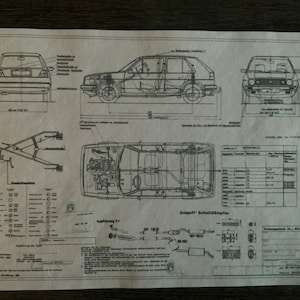 May include: A black and white technical drawing of a Volkswagen Golf car. The drawing shows the car from different angles, including the front, side, and top views. The drawing also includes details of the car's engine, suspension, and exhaust system. The drawing is labeled in German.