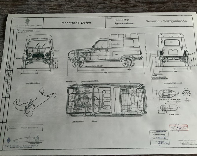Renault R4 Fourgonnette 1962 construction drawing ART work blueprint