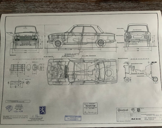 Peugeot 304 Berline MO2 1972 construction drawing ART work