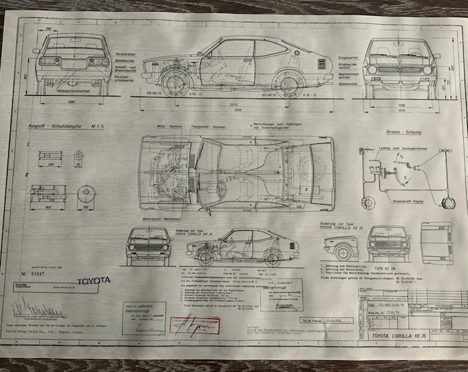 Toyota Corolla KE 35 Coupe 1974- 1978 construction drawing ART work blueprint