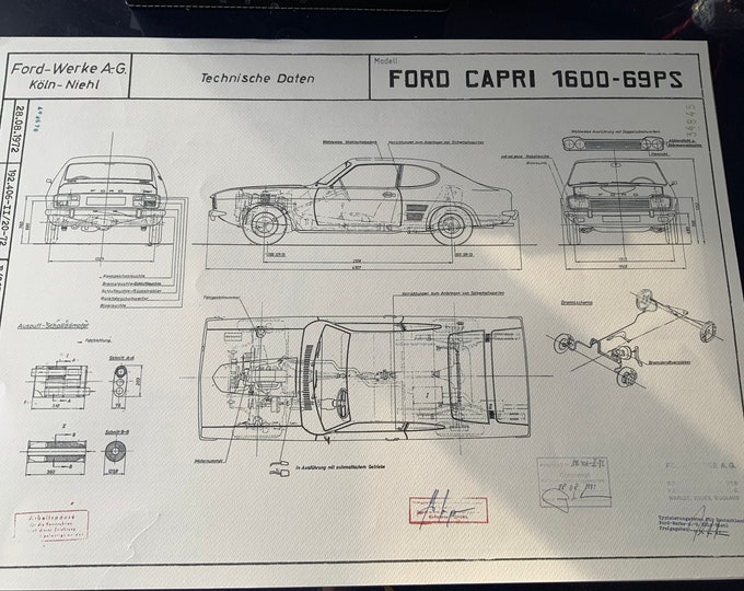 Ford Capri 1600 double headlight design drawing ART work blueprint