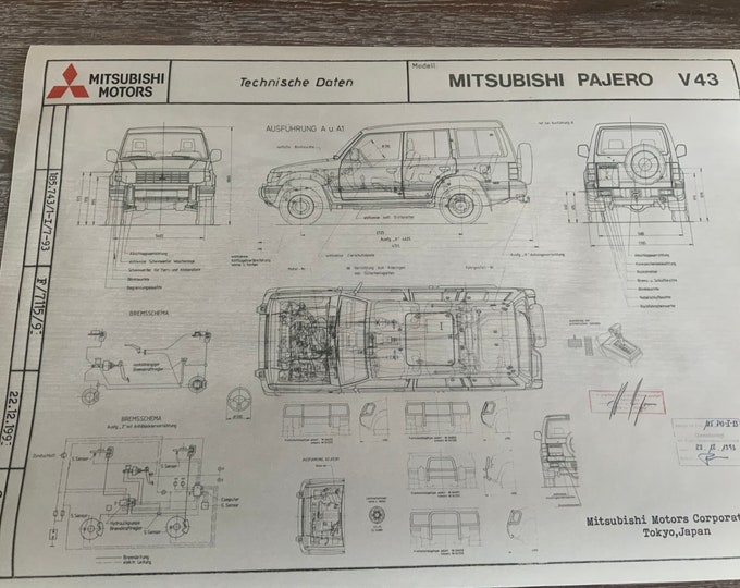 Mitsubishi Pajero V43 with bull bar 1993 construction drawing ART work blueprint