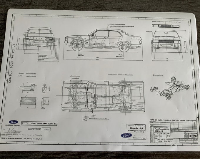Ford Consul 2000 99HP 2 doors 1973 construction drawing ART work blueprint