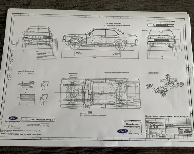 Ford Consul 2000 99PS 2 Doors 1973 Construction Drawing ART work Blueprint