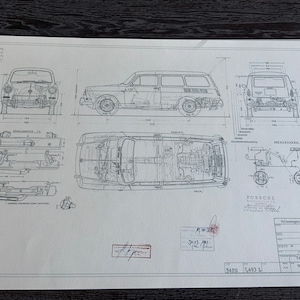 May include: A black and white technical drawing of a Volkswagen Type 3 Variant. The drawing shows the car from different angles, including front, side, and top views. The drawing also includes detailed measurements of the car.